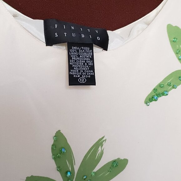 Finity Studio Cream Colored Silk Shell With Green Flowers/Beading - Picture 3 of 6